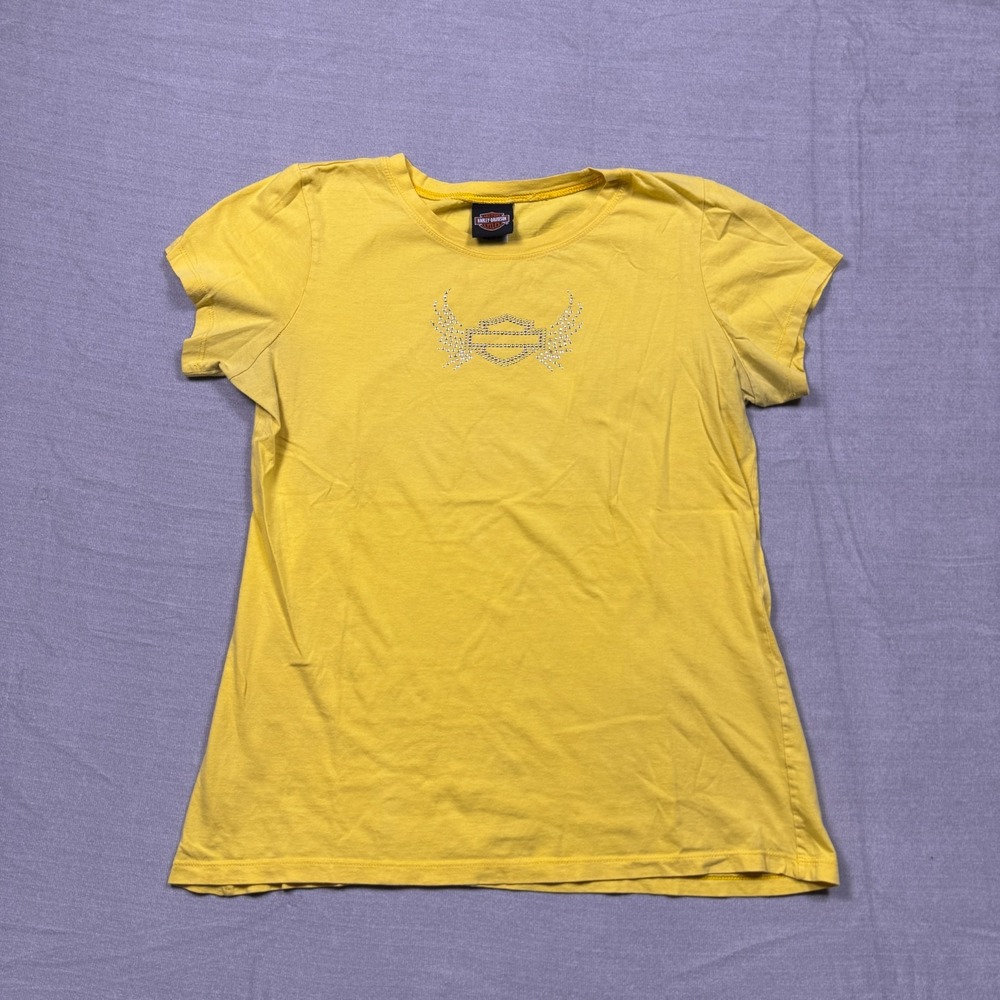 Harley Davidson Studded Wing Graphic T-Shirt Womens 1X Yellow Cotton SS